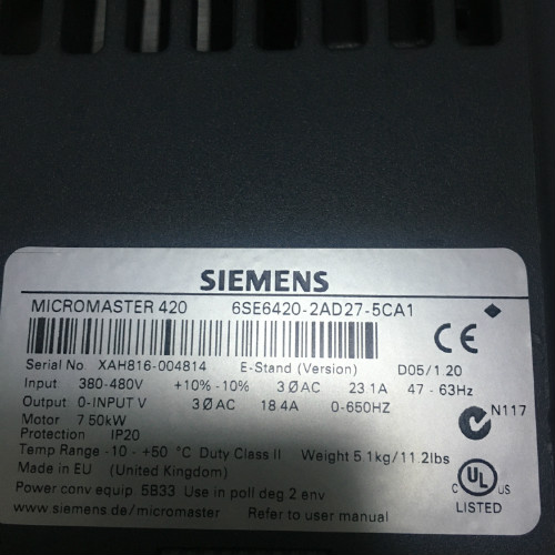 Siemens 6SE6420-2AD27-5CA1 MICROMASTER 420 FILTRO DE CLASE ANTERADORA 420 380-480 V 3 AC + 10 / -10% 47-63 Hz Torque constante 7.5 kW Sobrecarga 150%